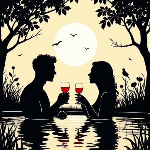 Minimalist black and white silhouette of a couple in love taking an aperitif in a garden pond. They hold small glasses at chest level. Bright sunshine casts a warm glow. A distant orchard with ripe apple trees and wild flowers is visible. Two birds are present in the scene.