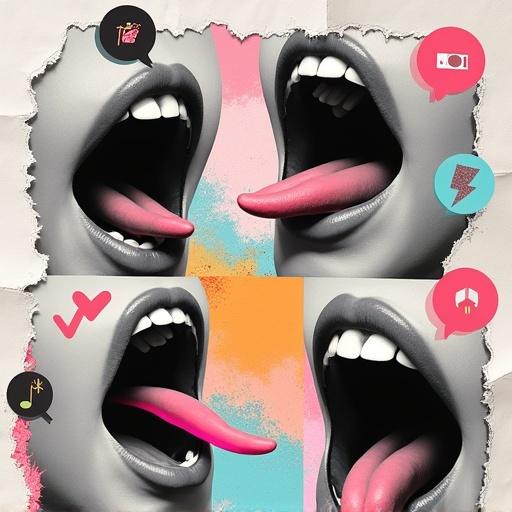 Surreal collage-style artwork features dynamic composition of large talking mouths overlapping and tilted. Illustrations of speech bubbles display symbols representing gossip. Torn paper edges and neon highlights add an edgy, layered feel. Background is light crumpled paper with pastel gradient. Energetic pop-art style conveys modern marketing buzz.