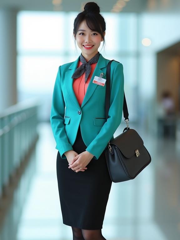 Full body image of East Asian female airport ground staff. Wearing coral-pink long-sleeve button-up blouse and turquoise blazer. Black pencil skirt and pantyhose. Black low-heel pumps. Hair in a bun. Light makeup with red lips. Silver name tag and black lanyard. Small gingham scarf around collar. Dark-grey satchel. Standing straight in airport terminal.
