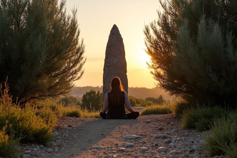 A tall dark granite menhir stands in a southern French landscape. A young woman meditates in front of the stone. The scene is bathed in warm evening light. Dense shrubs frame the menhir. The ground is stony with sparse wild herbs.