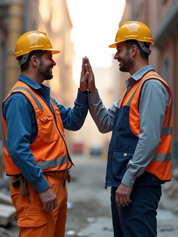 Two construction workers greet each other with a handshake in a city environment. They wear safety helmets and vests while smiling. Background has buildings and some construction debris.