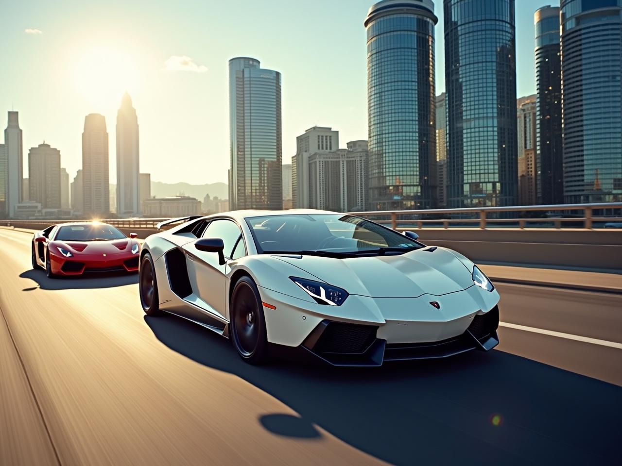 The image shows a vibrant cityscape with tall, modern buildings reflecting the sunlight. In the foreground, there is a stylish sports car, now in white, that stands out against the urban backdrop. Another red sports car is visible behind it, creating a dynamic scene of luxury automobiles. The cars are cruising down a wide highway, giving a sense of speed and adventure. The sky is clear and bright, enhancing the overall aesthetic of the photograph.