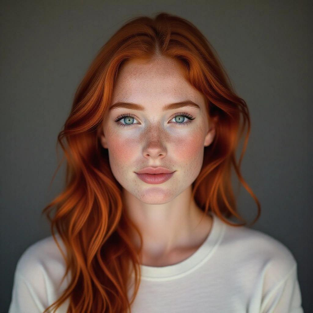Close-up portrait of a woman with long red hair and light blue eyes. Freckles on her fair skin give her a natural beauty. She has a soft oval face and a gentle expression. The background is neutral, enhancing her features.
