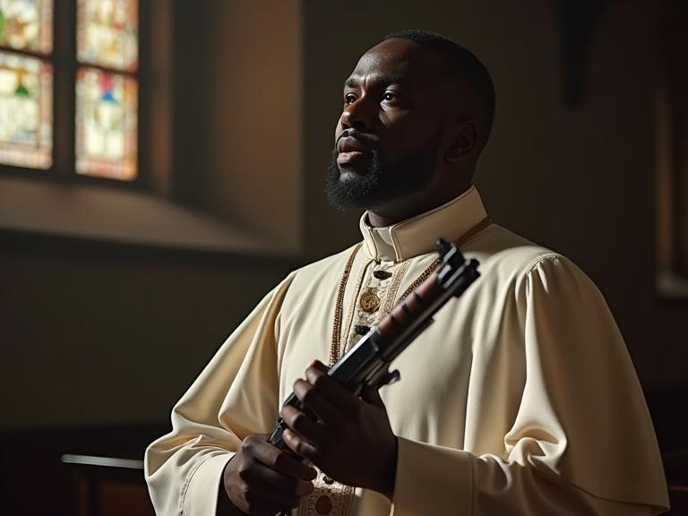 Close-up shot of a male in a white papal outfit. The setting is inside a church. The male figure holds an M4 rifle in a preaching pose. The lighting is highly contrasted and dramatic. The style reflects historical and authentic themes.