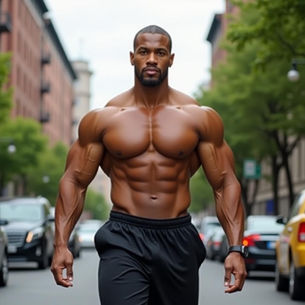 A muscular male figure walking confidently on a city street.