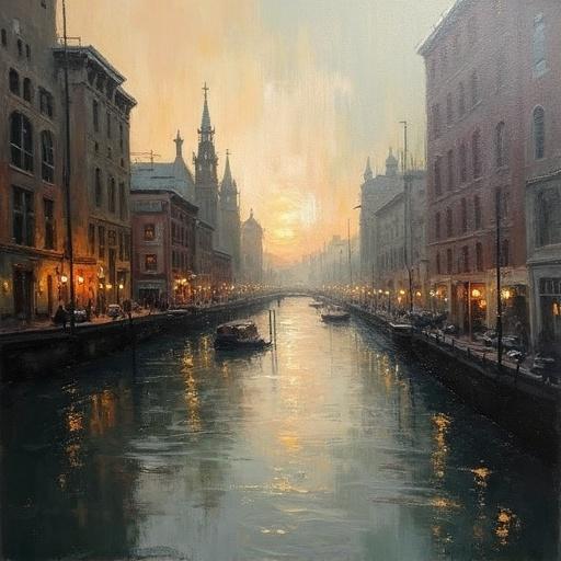 Impressionist painting of a canal cityscape at sunset. Visible brush strokes and canvas texture. Evokes serene atmosphere.