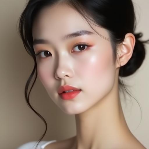 Soft rounded facial features present subtle Japanese aesthetic influence. Delicately shaped face with gentle cheek curves symmetrical features are highlighted. Jawline is gracefully contoured with a subtle curve. Artistic feminine chin contour is refined and harmonious with the overall face.