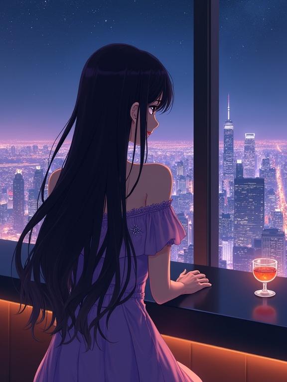 Young woman with long dark violet hair wears off-the-shoulder violet dress. She stands at a sleek counter beside a glass of amber liquid. Outside a large window, sprawling cityscape glows under a starry night sky. Scene conveys peace and sophistication with cinematic composition and warm tones.