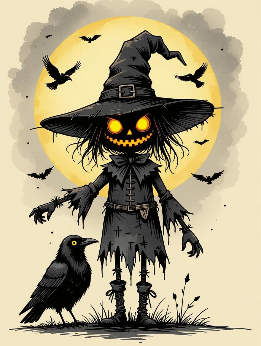 Whimsical scarecrow witch made of stitched black fabric. Wide pointed hat with exaggerated brim. Glowing orange eyes. Surreal elongated limbs. Standing beside a stylized crow with vivid yellow eyes. Full moon backdrop with flying crows. Minimal beige background with ink splatter and watercolor textures. Dreamy storybook illustration style with expressive inky lines. High contrast with fine art ink sketch. Concept art with stylized anatomy. Storybook lighting.