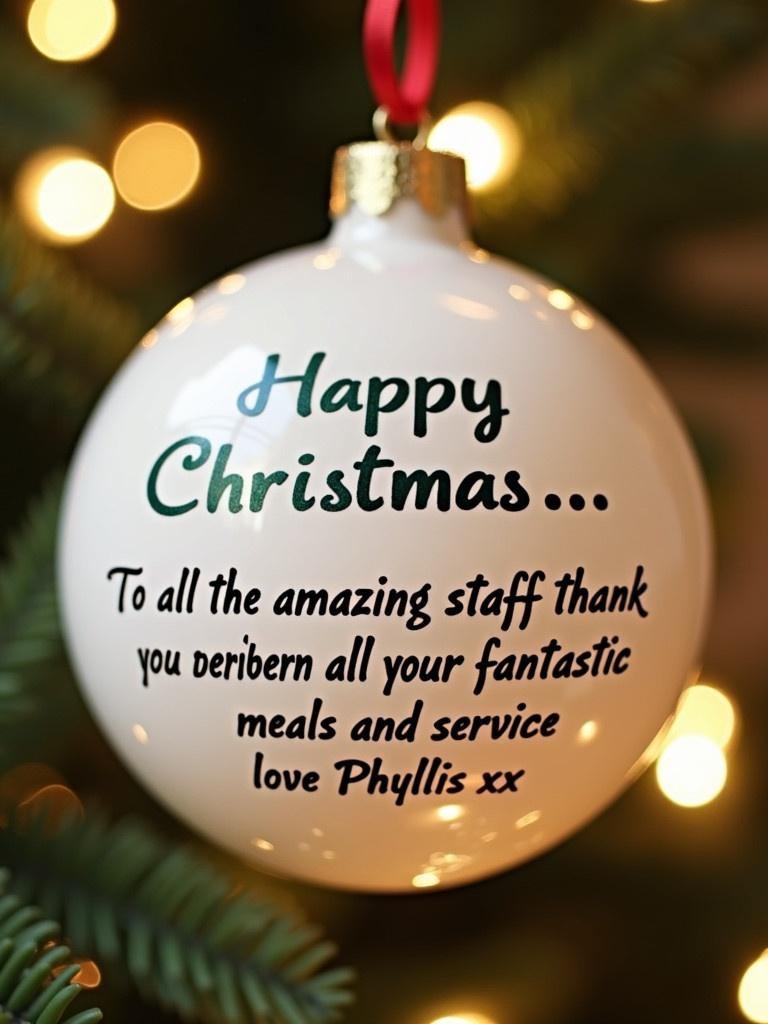 Close-up view of a white Christmas bauble. Text on the bauble says 'Happy Christmas... To all the amazing staff thank you for all your fantastic meals and service love Phyllis xx'. Background features soft twinkling lights creating a festive atmosphere.