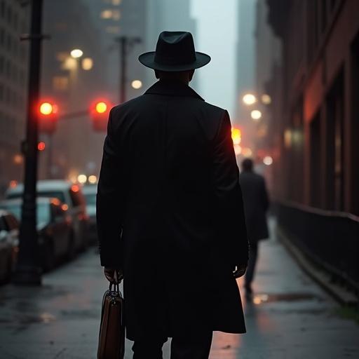 A handsome New York detective wearing a trench coat is walking away while looking back at the camera. The scene is set in a foggy urban environment. Street lights glow in the background creating a mysterious atmosphere. The detective carries a briefcase and wears a hat giving a classic style.