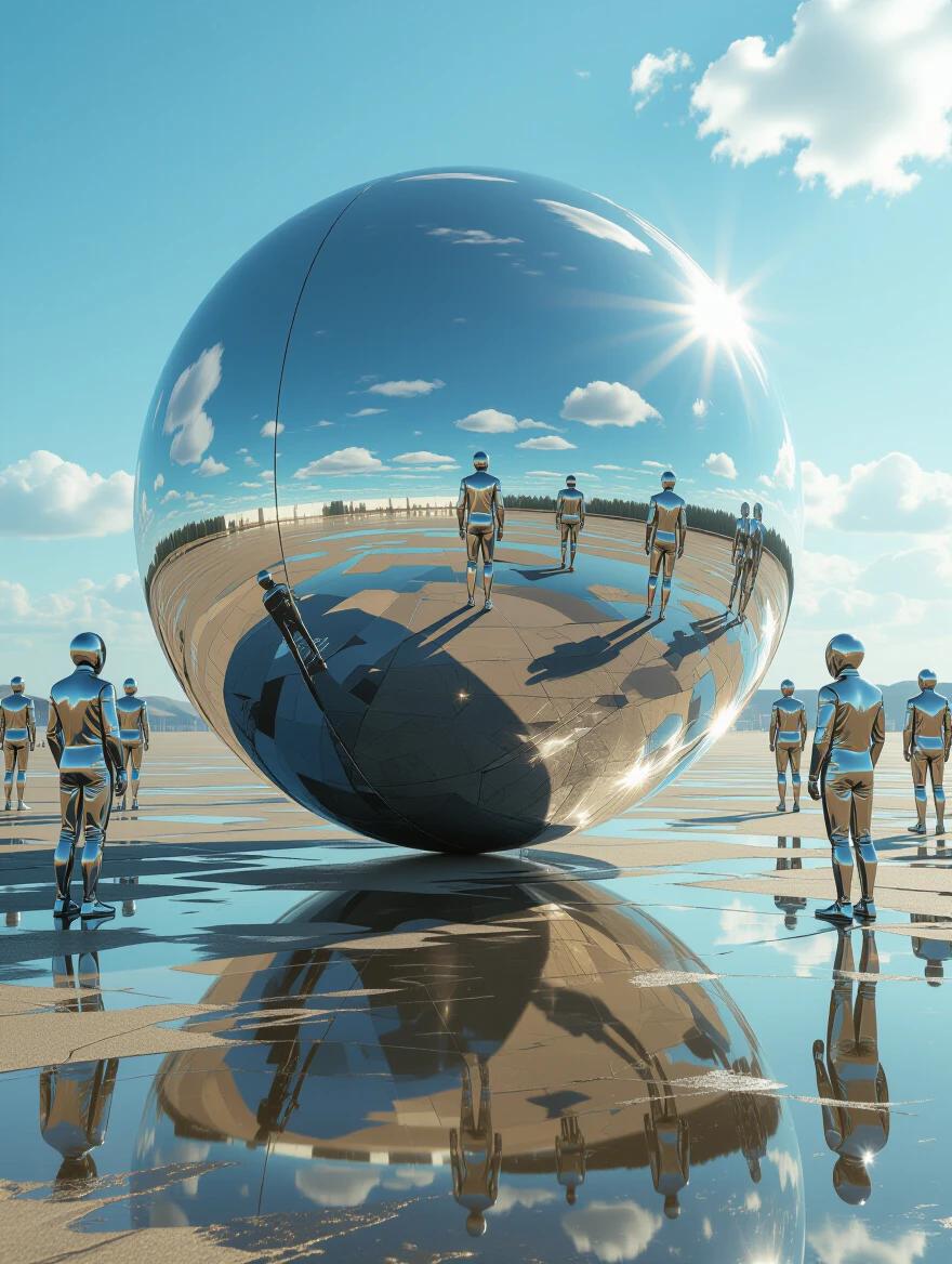 Futuristic scene featuring a large metallic, highly reflective bomb in an open space. Surrounding metallic figures gaze at their reflections on the bomb.