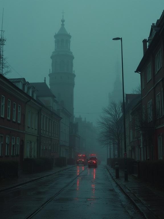 Fog shrouds an urban street. Towering buildings loom in the background. Red lights reflect on wet pavement. A somber, quiet atmosphere surrounds the scene.