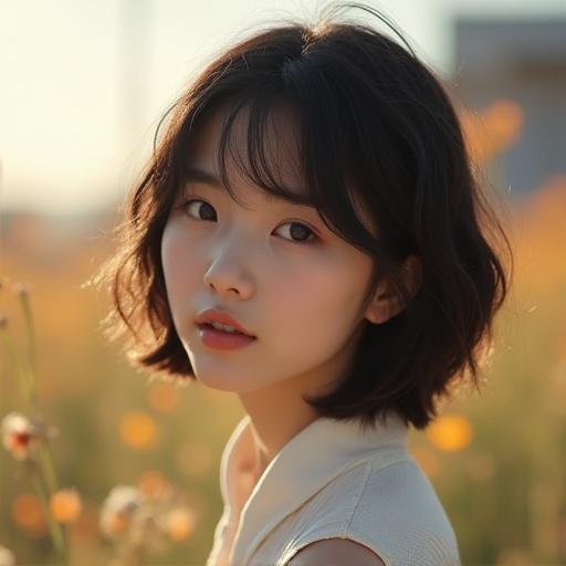 Portrait of a young Japanese girl with dark short hair in a sunny field. Ultra realistic photography capturing a warm atmosphere.
