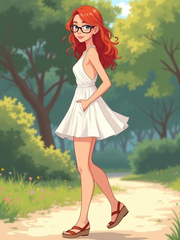 Vector art of a young woman in a white summer minidress with red wavy hair. Woman is wearing glasses and has freckles. She is smiling and walking in a park on a sunny day.