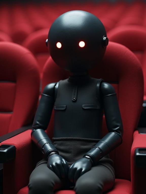 Faceless android figure sits in a cinema seat. The setting highlights a solitary atmosphere. The android character has glowing eyes and a sleek design.