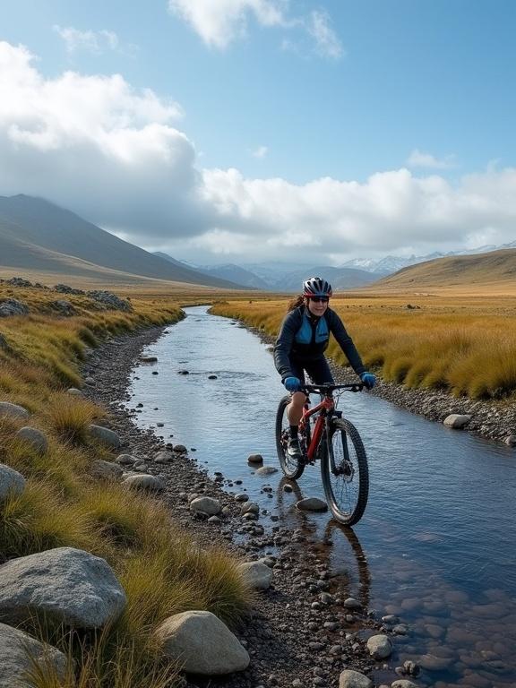 XCM MTB biker rides next to a river with stones and grass fields under a blue sky