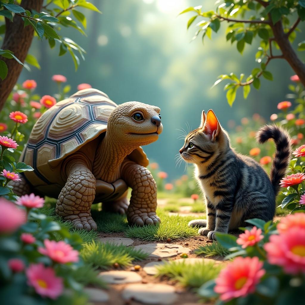 A lush garden with colorful flowers. An old tortoise with a wrinkled face sits at the center. The tortoise is looking at a tabby cat. The tabby cat is crouched near a flowerbed, examining a clue. The atmosphere is vibrant and whimsical.