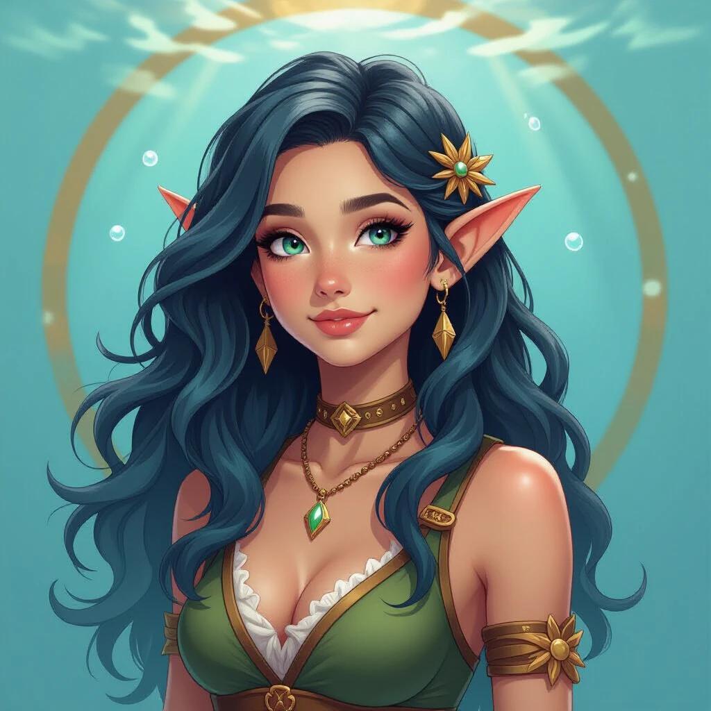 A young female Triton character with dark blue and green hair. The character has celestial-themed elements. Wearing a Greek-inspired outfit with fish-like features. Finned ears and a human legs appearance. The image is colorful with a mystical ambiance.