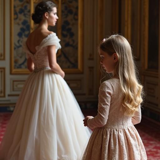 Photograph captures a young girl with blond hair in a detailed French dress curtsying before an Empress in a large tulle gown. Scene set in a palace in Vienna, Austria, in 1860.