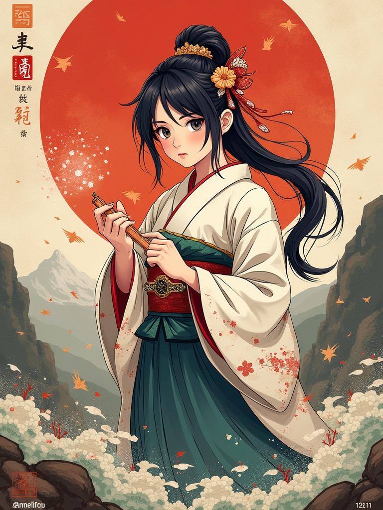 Figure in a traditional Japanese kimono stands holding a flute. Background features autumn leaves and a large red circle resembling the sun. Detailed observance of Japanese aesthetics. The scene conveys a calming and serene atmosphere.