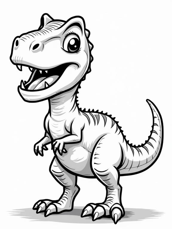 Cartoon Velociraptor designed for children to color. Character features smiling expression and stylized features. Simple outlines suitable for coloring.