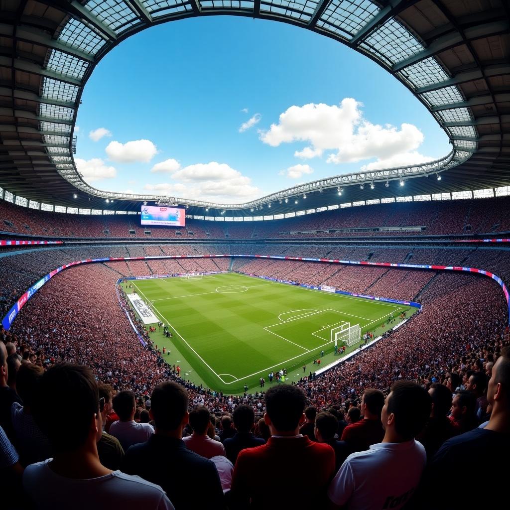 Aerial view of a stadium filled with fans during a football match. The green pitch is visible along with the excitement of the crowd. Bright blue sky above.