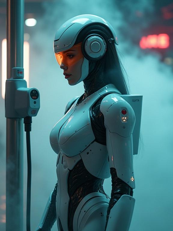 Cinematic shot of a Robocop inspired female character at a charging station. Character has sleek metallic exoskeleton and glowing visor. Standing with charging rod surrounded by vapor. Scene features Lomography film effects. Telephoto lens used to create bokeh background. Dramatic sidelighting highlights contours and armor shine.