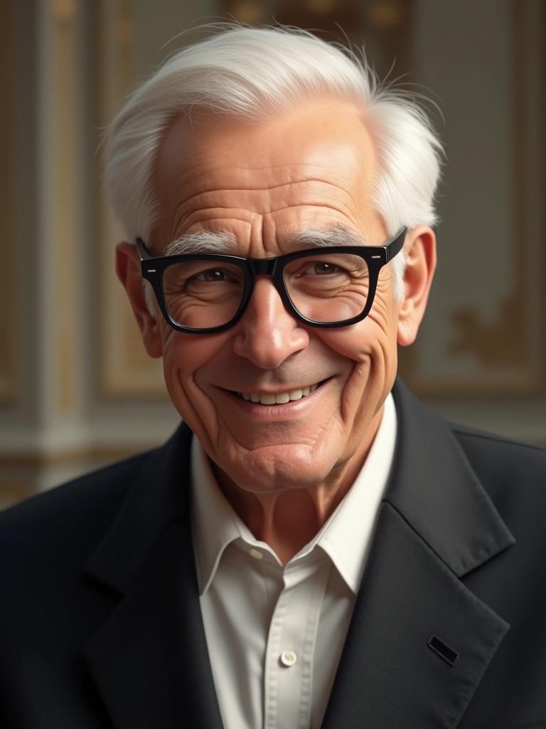 A portrait of an elderly man with bald white hair. Wearing square glasses and clean-shaven. Gentle expression. Dressed in a black blazer and white shirt. Background is elegant and softly blurred.