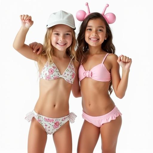 Two young girls pose joyfully. One has blonde hair in a floral bikini. The other has brunette hair in a pink bikini. Both interact playfully. The background is clean and white.