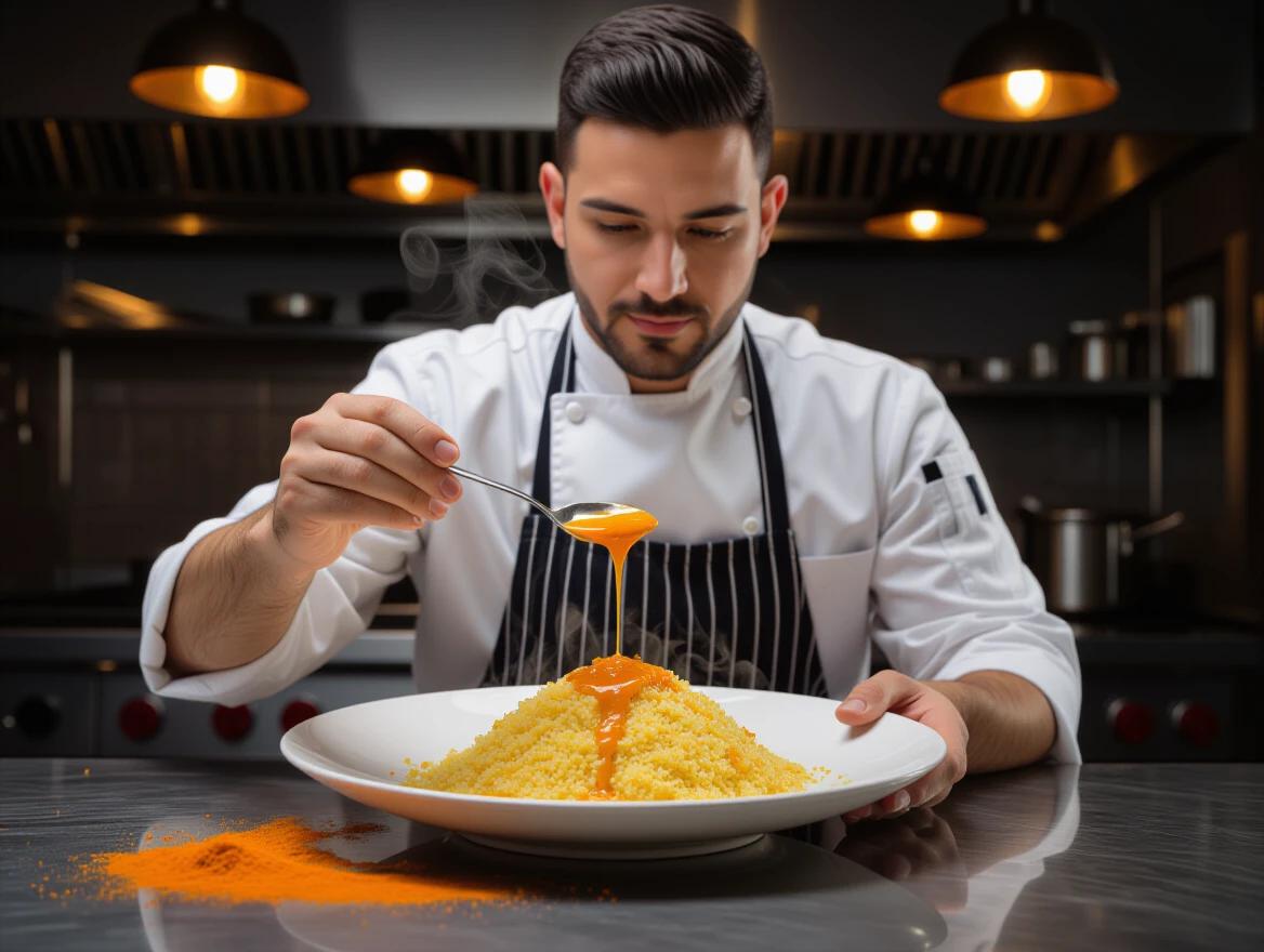 A male chef in a white coat and black apron garnishes a steaming plate of couscous. The chef holds a silver spoon with orange sauce dripping. The couscous is perfectly cooked and served on a white plate. The kitchen background is dark with warm hanging lights. Orange-red spice powder is scattered around the plate. Steam rises from the couscous.