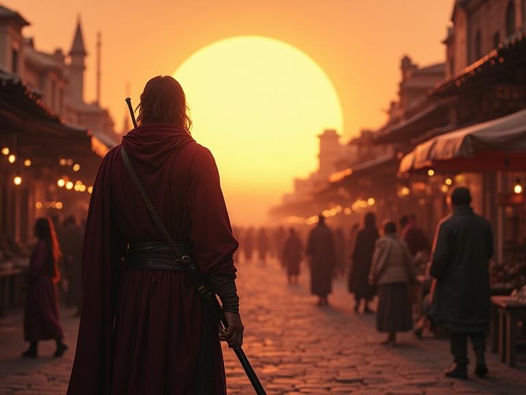 A figure in a red cloak stands in front of a bustling market, looking towards a glowing sunset. Realistic style features muted and bright contrast with a 9:16 aspect ratio.