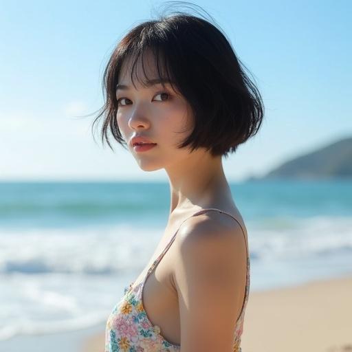 Japanese girl with dark short silky hair at a beach in the morning