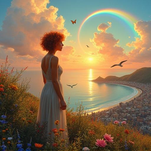 Oil painting of a beautiful British woman with curly ginger hair standing on a hill. She gazes at the city of Cornwall below during sunset. A rainbow is in the sky. A butterfly hovers near flowers in foreground. Seagull flies above. Cinematic atmosphere.