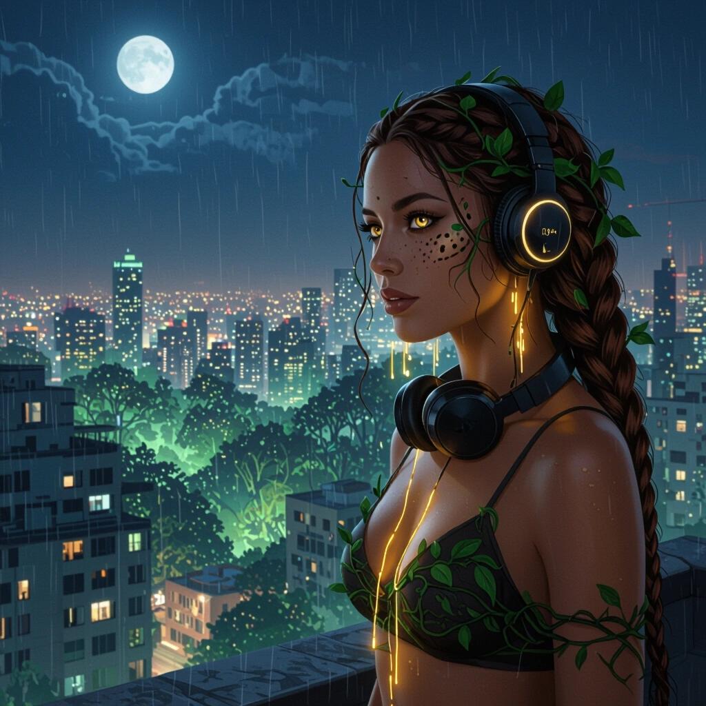 A woman with jaguar’s eyes stands on a rooftop at midnight. Vines in braided hair. A glowing rainforest overtakes the city below. Headphones hang around the neck. Golden sound drips from the earpieces.