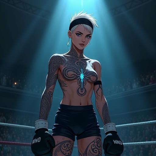 Portrait of Sera 'The Silent Storm' Rook in a boxing ring. She has a powerful build with pale skin. Short black hair with a white front. Intricate tattoos glow blue. Wears black compression shorts and gloves. Defensive stance, poised to counter. Dramatic lighting enhances the atmosphere.