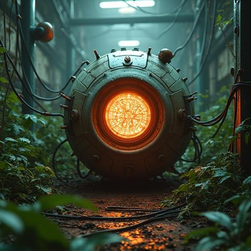 A robotic sphere features a glowing core. Sphere connects to numerous cables. Scene set in an abandoned chaotic sci-fi lab. Environment overgrown with plants. Aesthetic includes unreal engine 5 rendering. Image highly detailed with cinematic lighting.