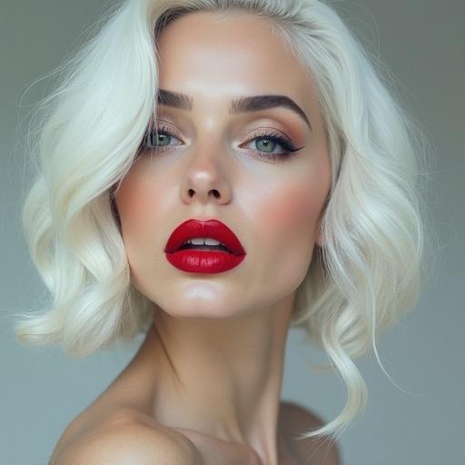 Stunning hyperrealistic portrait of a beautiful woman. White hair styled elegantly. Bright red lips enhance her beauty. Soft skin with a natural glow. Captivating gaze towards the camera. Minimalistic background focuses on the woman.