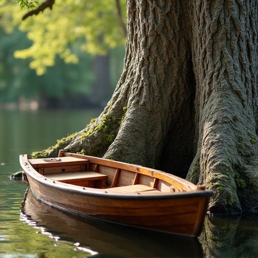 Scene featuring a boat crafted from tree bark on a reflective lake near a large tree.