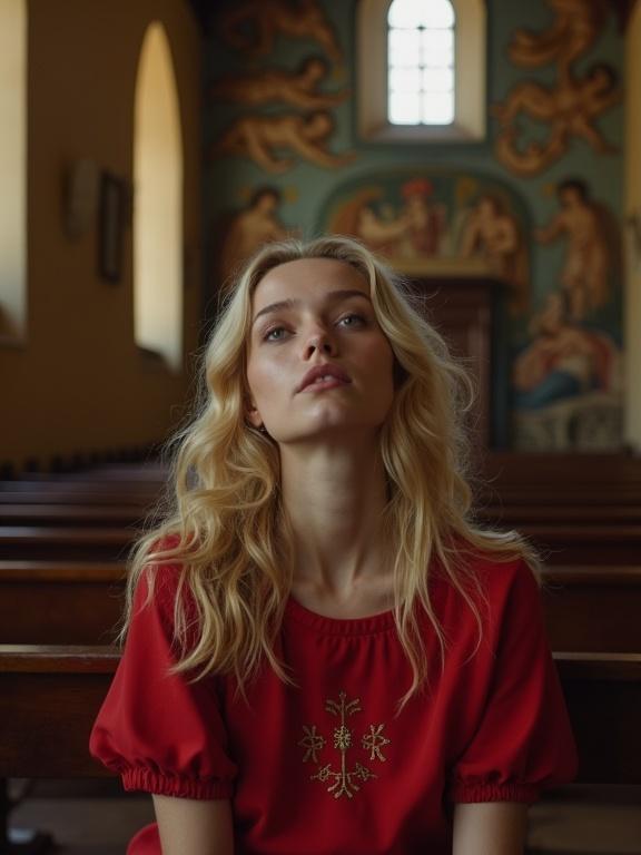 Blonde model with waves sits in Debre Berhan Selassie Church. She wears a red dress with embroidery. She gazes at the painted ceiling. Dim light filters through windows. The scene blends beauty with sacred art. Editorial photograph features dramatic light and shadow.