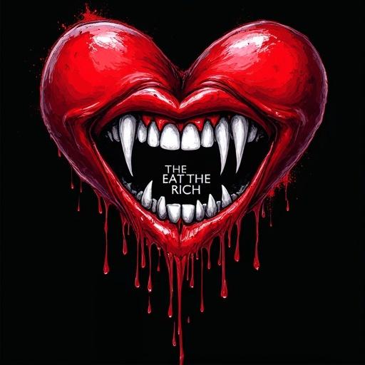 A gothic T-shirt design for Valentine's Day. Features a red heart with sharp teeth. The heart drips blood. Includes the text EAT THE RICH. Heart and text created with controlled alcohol ink on a black background. The overall design has a gothic and horror theme.