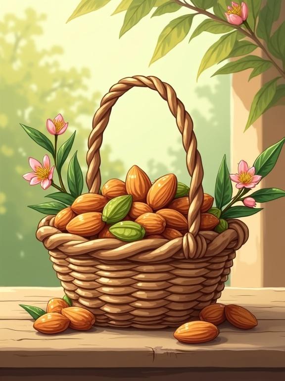 A cartoon illustration shows a woven straw basket filled with fresh almonds in green hulls and some cracked. Almond branches with pink-white blossoms and green leaves are included. The basket has a handwoven look. It is placed on a rustic wooden table with a warm background. Soft earth tones are used for a wholesome feel. A curious squirrel or a ladybug adds charm.
