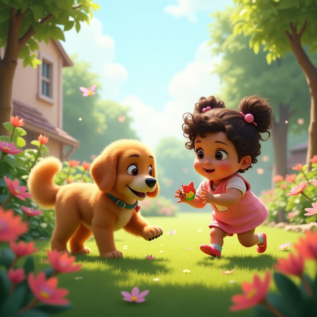 Bright garden with blooming flowers. Soft grass and playful butterflies. Fluffy golden retriever runs around. Cute baby girl giggles while chasing dog with toy. Dog invites her to rub its belly. Excited clapping. Style is 3D Pixar.