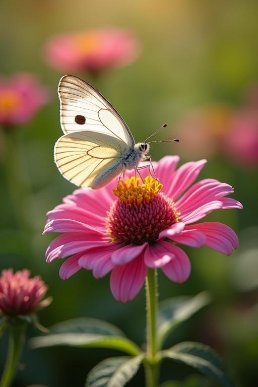 A butterfly with a white and pink combination. The butterfly is perched on a pink flower. The setting is a sunlit garden with blurred background.