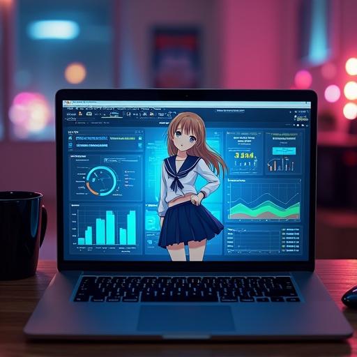 Laptop screen displays a digital dashboard featuring various graphs and charts. Anime girl with light brown hair stands at center-right, wearing a navy blue sailor uniform. Background includes data visualizations on the screen. Laptop on wooden table with black wireless keyboard and mouse. Black coffee mug is in the background. Ambient lighting creates a colorful energy. Dimly lit room showcases neon lights.
