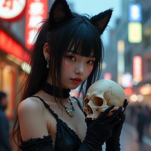 Surreal image of Dotonbori featuring a young woman as an underground idol. She wears a tattered black cat cosplay. She holds a skull representing her love. The scene has a little black cat hiding and a logo engraved in the design. Stunning details, vibrant colors, dramatic lighting.