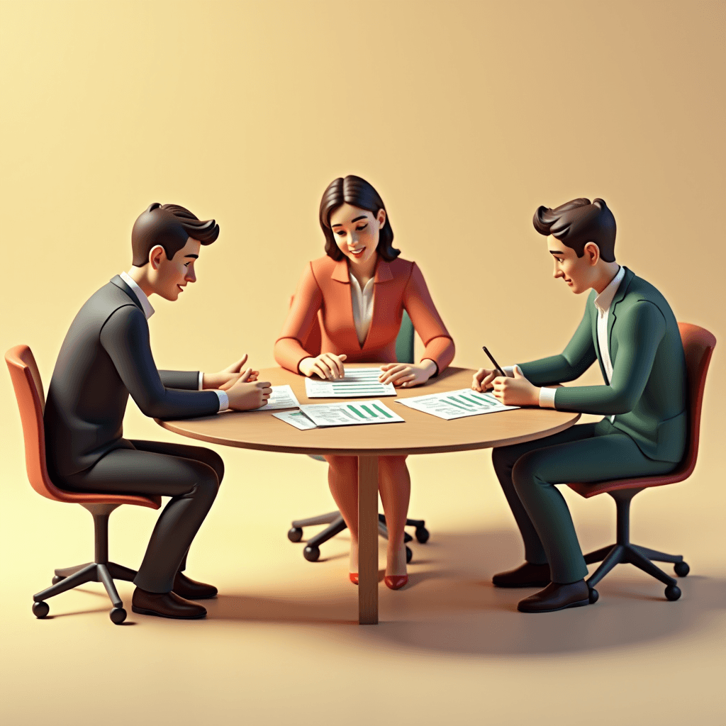 Three animated professionals engaged in a discussion around a round table with documents and charts.