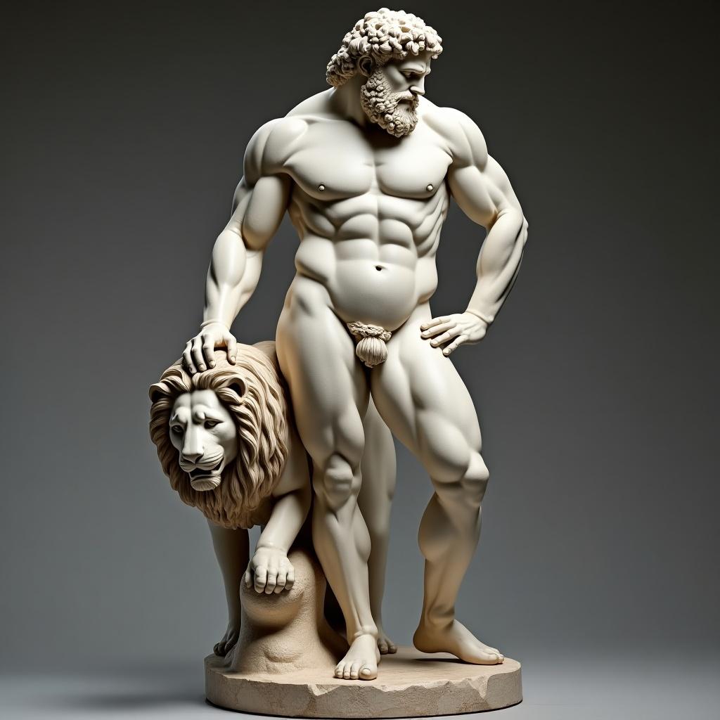 Statue of Hercules standing in a relaxed pose. The muscular body showcases defined anatomy. One leg takes weight while the other is slightly bent. Expression is thoughtful with curly hair and a beard. Nemean lion skin drapes over left arm, with lion's head visible. Classic realism in details. The base features rock or tree trunk, enhancing the ancient texture of the marble.