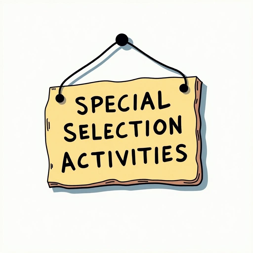 Cartoon style hanging sign with text indicating selected activities