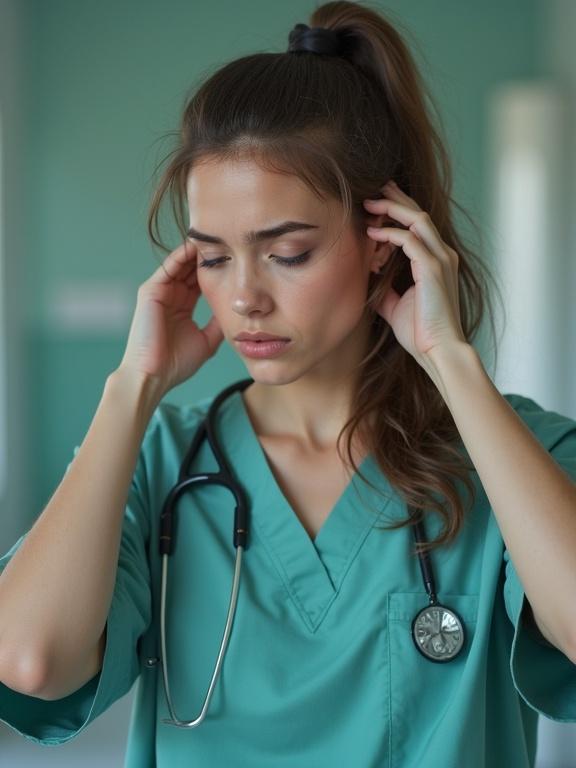 Young woman wearing scrubs and a stethoscope. She appears tired and distracted. Her hands are on her hair. The setting is a healthcare environment. She has a high ponytail hairstyle. The focus is on her upper body except face.